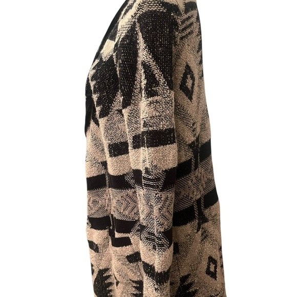 Lucky Brand Bali Aztec Long Open Cardigan Sweater Black Tan Large Chic Textured - Picture 2 of 5
